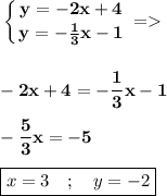 \displaystyle\bf \left \{ {{y=-2x+4} \atop {y=-\frac{1}{3} x-1}} \right. = \\\\\\-2x+4 =-\frac{1}{3}x -1\\\\-\frac{5}{3} x=-5\\\\\boxed{x=3\quad ; \quad y=-2}