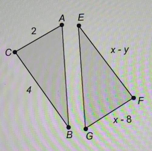 If triangle ABC and triangle GEF are congruent, the of x is □ and the value of y is □. ​