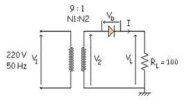 Calculate the theoretical values of peak load voltage and the dc load voltage and power in diode on