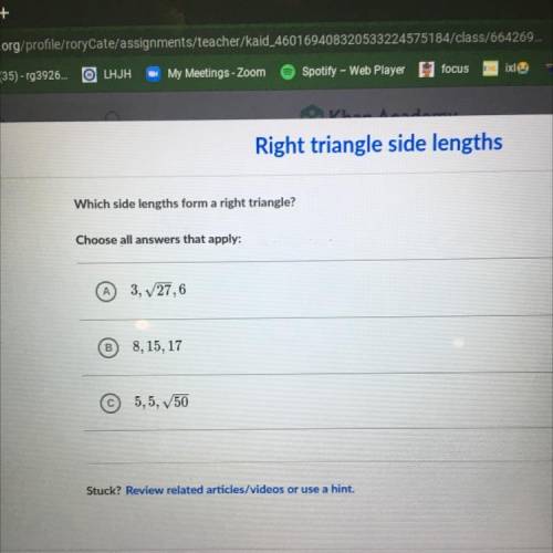 Please help! Which side lengths form a right triangle