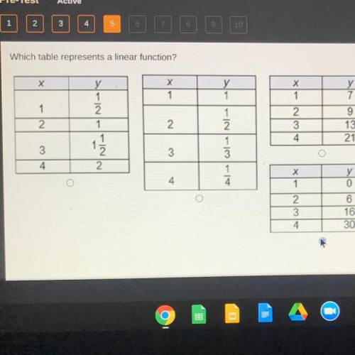 HELP I HAVE A TIMER
Which table represents a linear function?