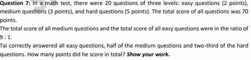 Question: In a math test, there were 20 questions of three levels: easy questions (2 points), mediu