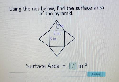 Using the net below, find the surface area of the pyramid. (in the image) 2in 3in 3in​