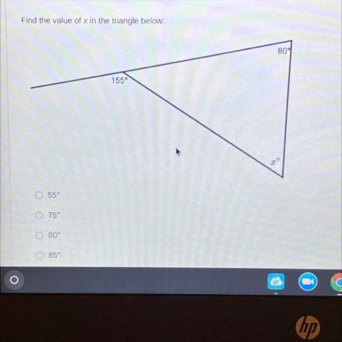 PLEASE HELP 30 POINTS

Find the value of x in the triangle below.
804
155
55°
o
75
80°
Ο Ο
85