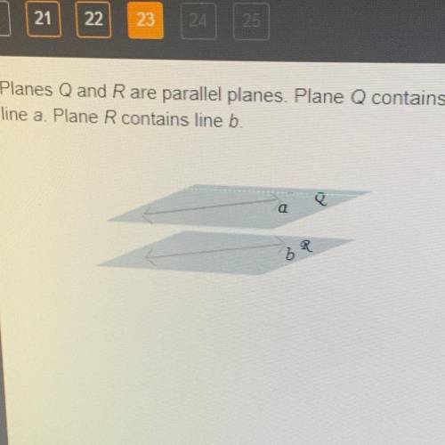 Planes Q and Rare parallel planes. Plane Q contains line a. Plane R contains line b. If a third pla