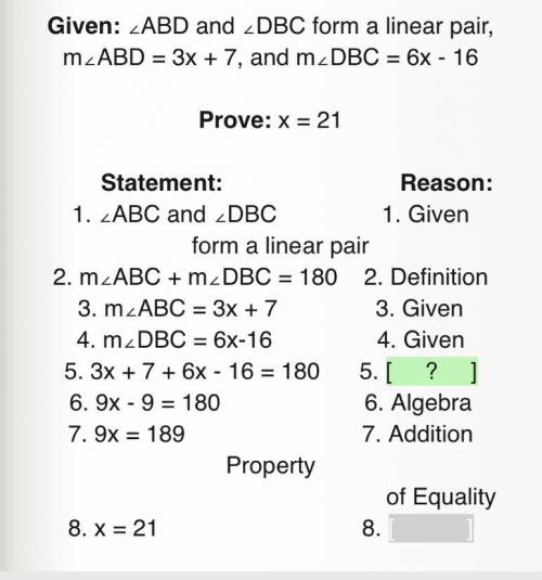 Select the reason that best supports statement 5 in the given proof.

A. Postulate 
B. Transitive