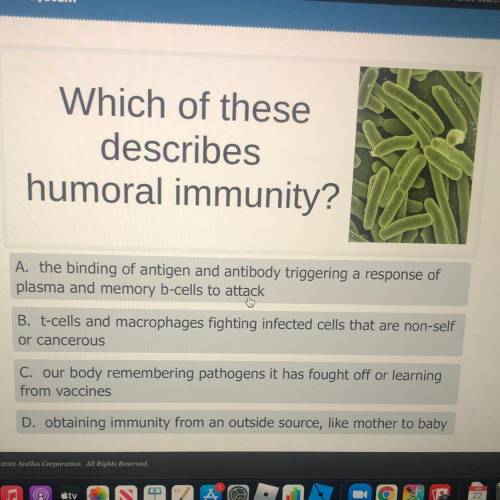 Which of these

describes
humoral immunity?
A. the binding of antigen and antibody triggering a re