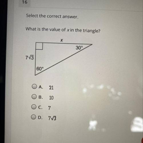 Select the correct answer.
What is the value of x in the triangle?