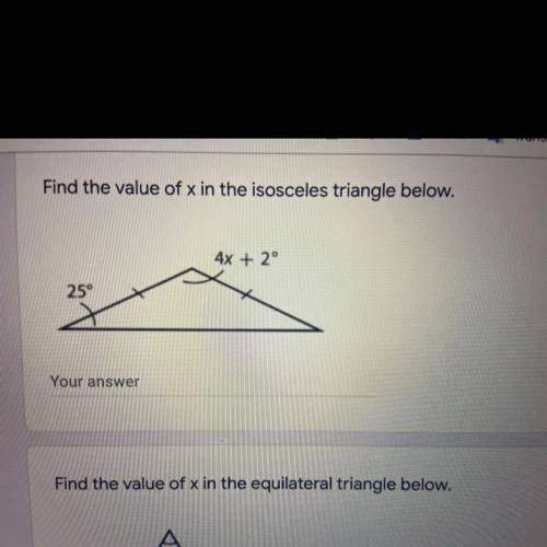 Find the value of x in the isosceles triangle below.
I need helppp