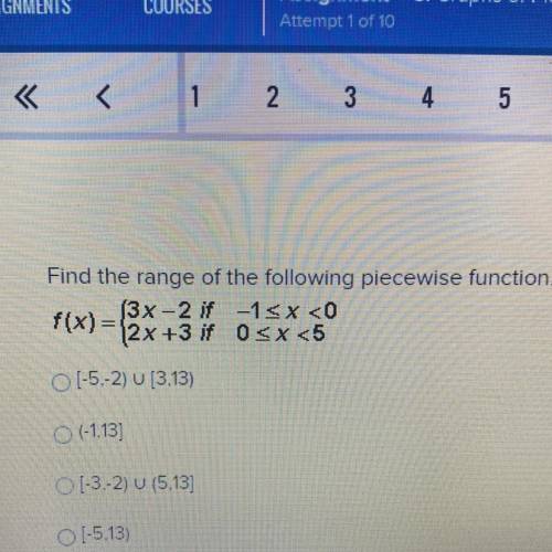 Find the range of the following piecewise function.

f(x) =
(3x-2 if -1<(or equal to)x<0
2x+