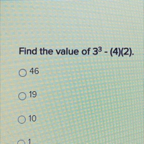 Find the value of 3cubed - (4)(2)