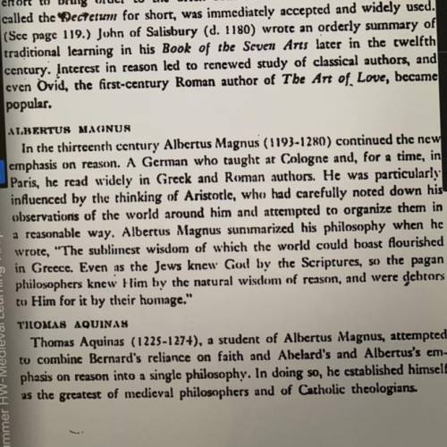 What was the basis of the thinking of Albertus Magnus?

i put a picture of the page we’re using in