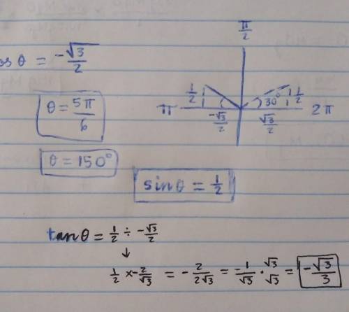 If cos θ = - sqrt3/2 and pi < θ < 3pi/2, what are the values of sin θ and tan θ? what os θ in