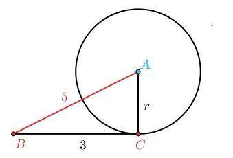 Study the diagram of circle A, where BC¯¯¯¯¯¯¯¯ is tangent to circle A at point C.

Also, BC=3, BA