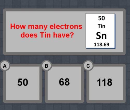 How many electrons does tin have?A. 50B. 68C. 118​