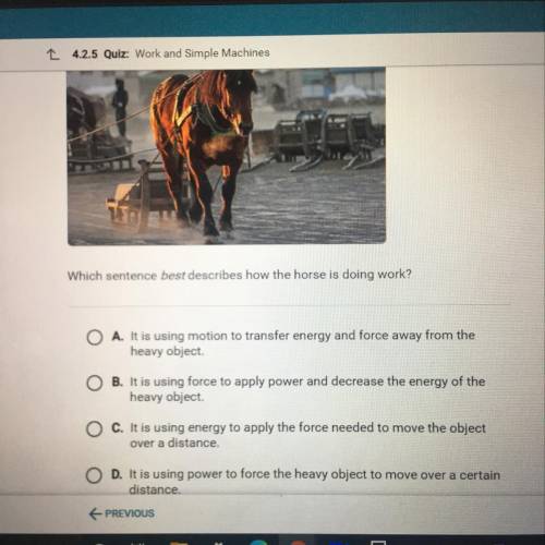 HELP me

Which sentence best describes how the horse is doing work? 
A It is using motion to trans