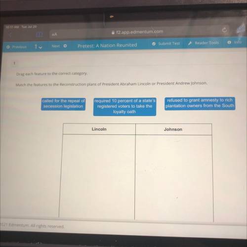 Match the features to the reconstruction plans of president Abraham Lincoln or president andrew Joh