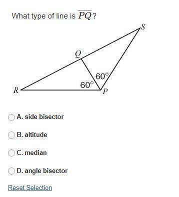 What type of line is PQ?

A. side bisector
B. altitude
C. median
D. angle bisector