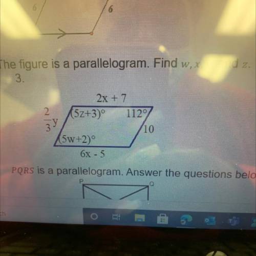 The figure is a parallelogram. Find w, x, y, and z.