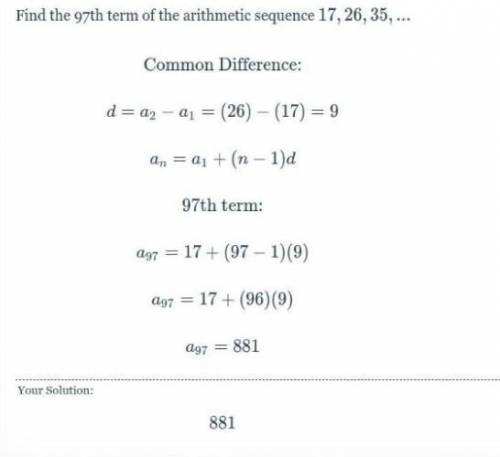 Find the 97th term of the arithmetic sequence 17, 26,35,...