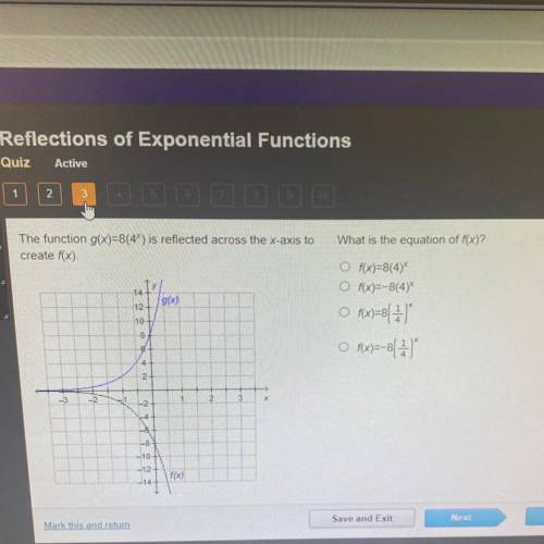 The function g(x)=8(4) is reflected across the x-axis to

create f(x).
What is the equation of f(x