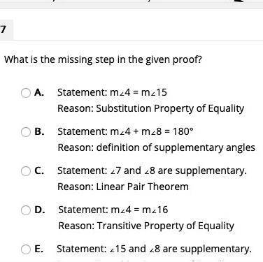 Given: p || q, and r || s

Prove:/_4 is supplementary to /_15
What is the missing step in the give