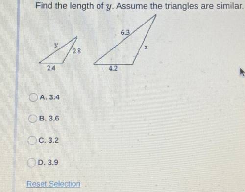 Find the length of y, assume the triangles are similar