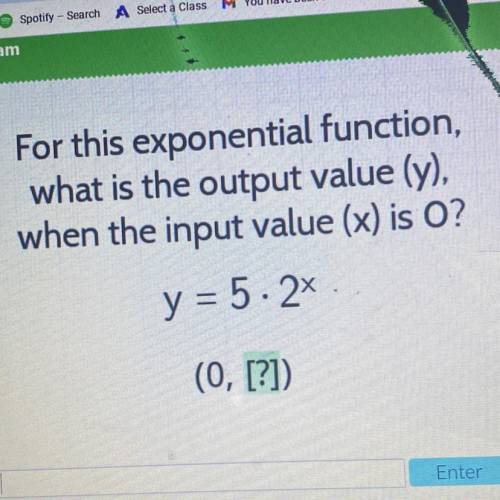For this exponential function,

what is the output value (y),
when the input value (x) is 0?
y=5•2