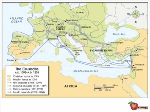 The map below shows the Crusades from 1095 A.D. (CE) through 1204 A.D. (CE). Use the map to answer