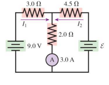 Find the current running through each of the resistors in the following circuit, and find the EMF o