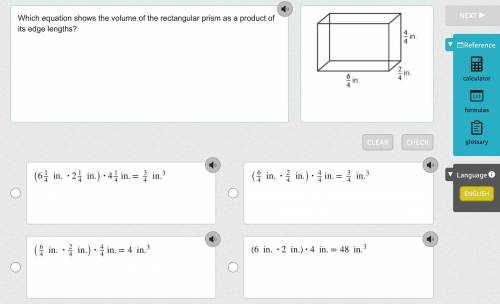 Which equation shows the volume of the rectangular prism as a product of its edge lengths?
