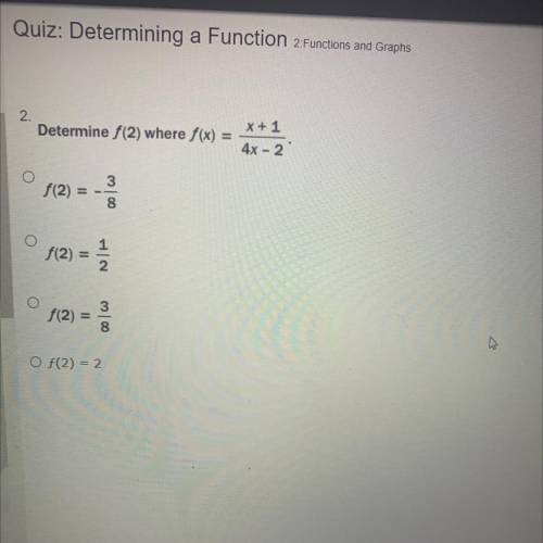 2.

Determine f(2) where f(x) =
x + 1
4x - 2
O
f(2) =
00W
o
f(2) =
NI
o
f(2) =
m00
O f(2) = 2