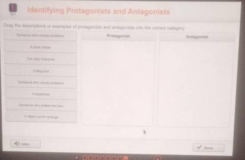 Drag the descriptions or examp les of protagonists and antagonists into the correct category

Prot