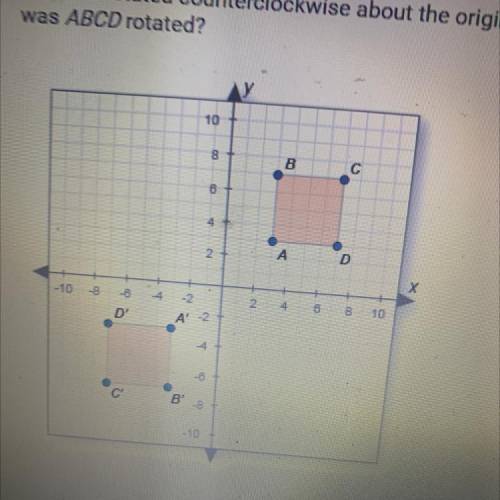 ABCD is rotated counterclockwise about the origin. By how many degrees
was ABCD rotated?
