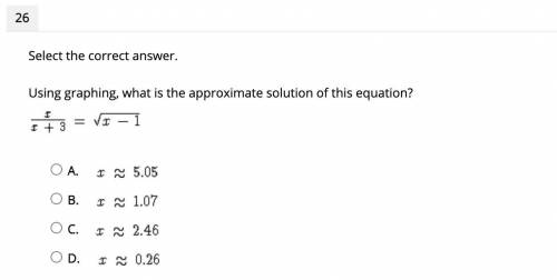 Select the correct answer.

Using graphing, what is the approximate solution of this equation?
x/x
