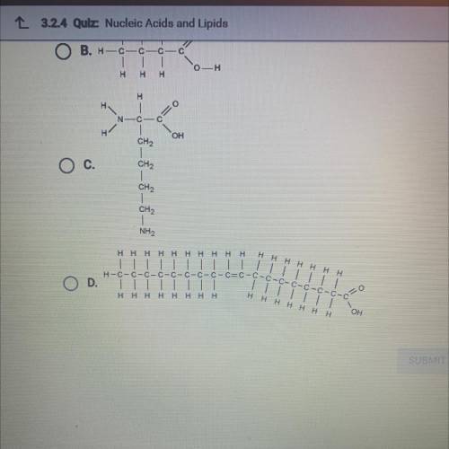 Which of the following shows an unsaturated fatty acid?

H H
1
HSC -CC-OH
O A.
H
NH
H
H
.
н
O B. H