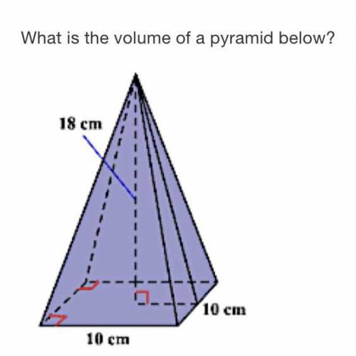 What is the volume of a pyramid below?

600 cm^3
750 cm^3
900 cm^3
1800 cm^3