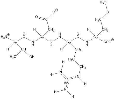 Below is the structure of what should be the peptide Thr-Glu-Arg-Met. However, one of these residue