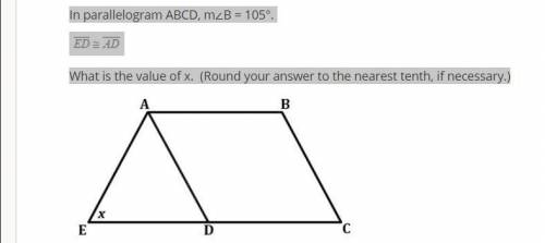 In parallelogram ABCD, m∠B = 105°.

What is the value of x. (Round your answer to the nearest tent