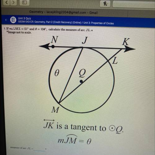 If the measure of JKL=51° and theta=134°, calculate the measure of arc JL