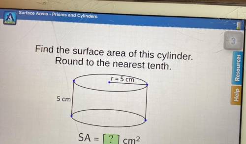 Find the surface area of this cylinder.

Round to the nearest tenth.
p= 5 cm
5 cm
SA = [ ? ] cm?