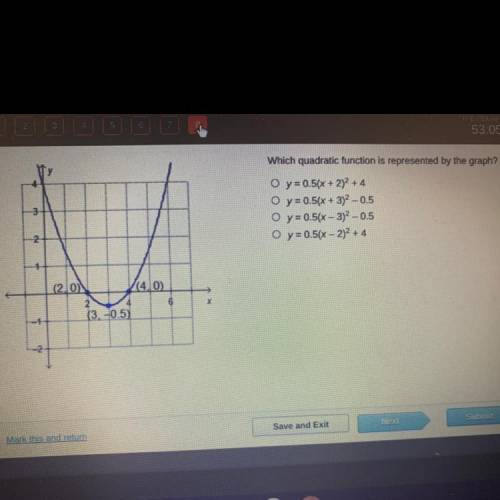 Which quadratic function is

represented by the graph?
-3
O y = 0.5(x + 2)2 + 4
o y = 0.5(x + 3)2