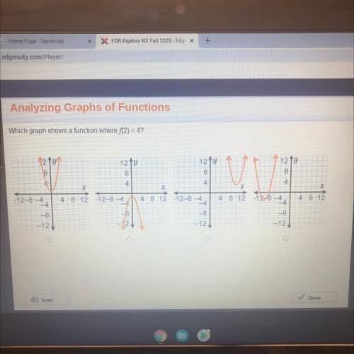 Analyzing Graphs of Functions

Which graph shows a function where f(2)= 4?
21
12
12y
12ty
8
8
8
8