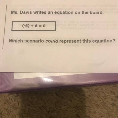 Ms. Davis writes an equation on the board.

(-6) + 6 = 0
Which scenario could represent this equat