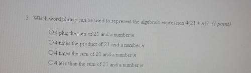 3. Which word phrase can be used to represent the algebraic expression 4(21+ n)? (2 point) 4 plus t