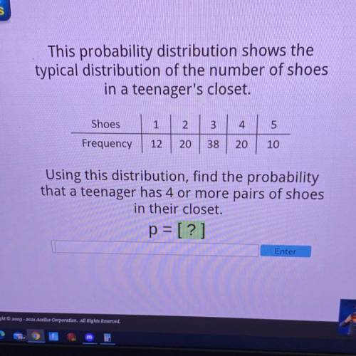Using this distribution, find the probability

that a teenager has 4 or more pairs of shoes
in the