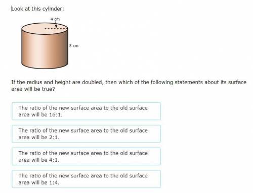 Look at this cylinder:

If the radius and height are doubled, then which of the following statemen