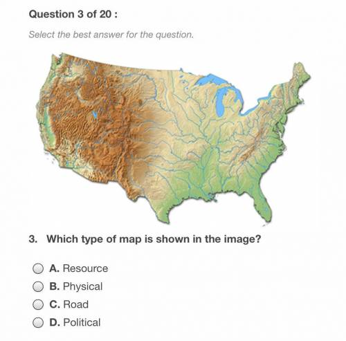 What type of map is shown in the image?

A. Resource 
B. Physical 
C. Road 
D. Political