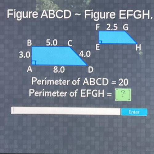 Figure ABCD - Figure EFGH.

F 2.5 G
5.0 C
B
3.0
E
4.0
A 8.0D
Perimeter of ABCD = 20
Perimeter of E