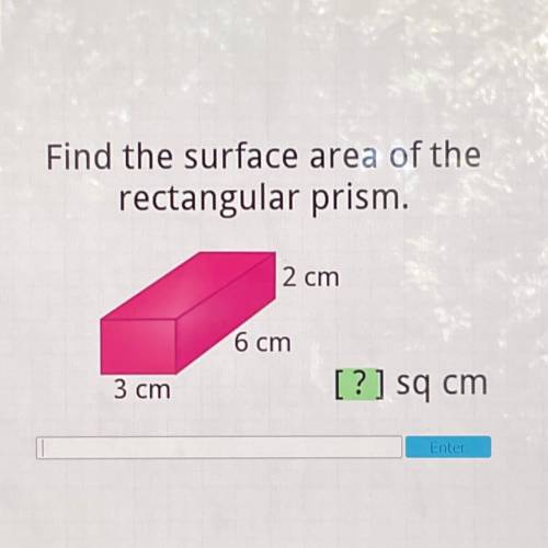 Find the surface area of the

rectangular prism.
2 cm
6 cm
3 cm
[?] sq cm
Enter